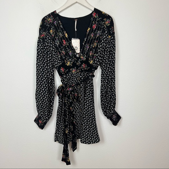 Free People black floral mixed print long sleeve mini dress Size Small - Picture 3 of 8